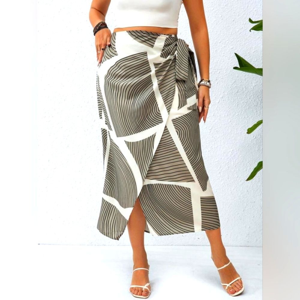 Green Abstract Midi Wrap Skirt Beach Vacation Pool Cruise Boat Tropical Yacht XL